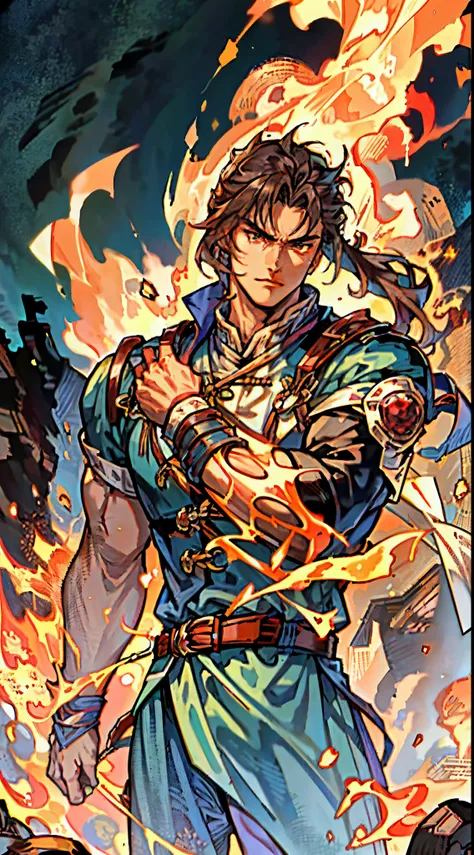 a young man, deep blue short hair, dense and voluminous spiky hairstyle, two long hair bangs, an arrogant demeanor, a fierce gaze, brown skin, simple solid-colored traditional Chinese clothing, a red belt, flowing hem, red wrist guards, coarse cloth trouse...