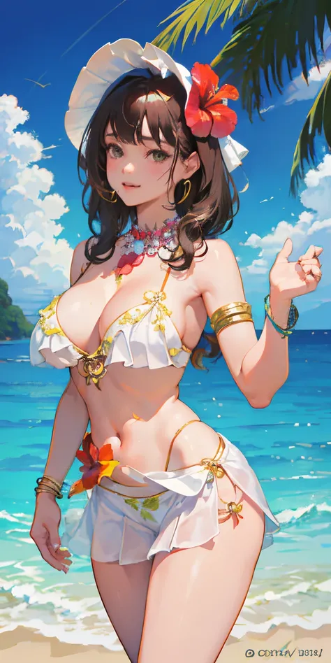 16 year old girl with a realistic smile、A little bigger chest、(Super close-up looking up from below、Smile.、Slightly thicker emphasis on the thighs、She is wearing a micro bikini with a floral pattern on her chest.......................、Emphasis on cleavage、...