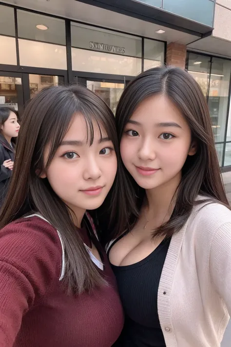 Close-up shot of two beautiful high school girls with huge breasts that seem to be falling out of their winter uniforms while shopping in the downtown area