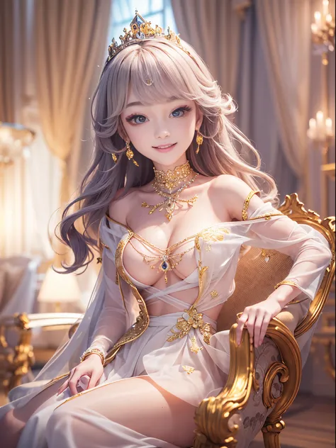 ((25-years old、Beautiful princess))8K、An ultra-high picture quality、Ultra-realistic details、masutepiece、3d rendered、Golden decoration、(The chest is wide open:0.8)、(Skin revealing:1.2)、Sit in a plush chair、Crisp skin、Beautiful body curves、Smiling、