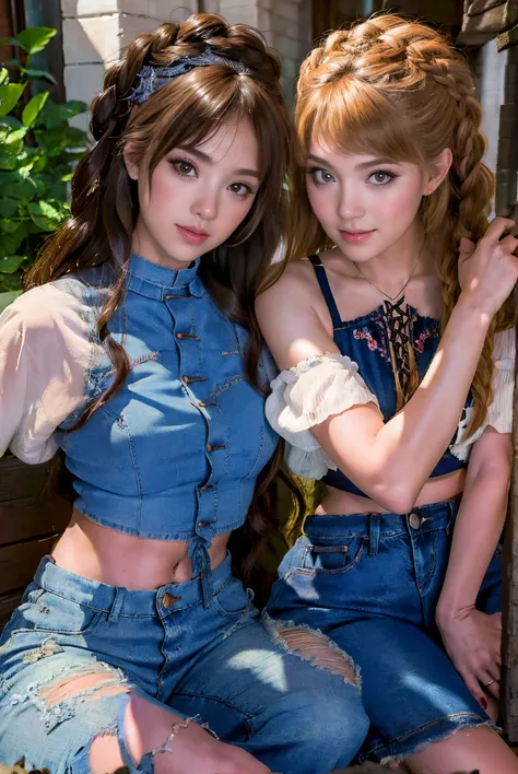 The proportions are the same for all races, All faces and pictures must be different, High level of image quality、Like a shot with an SLR、Super detailed illustration of two women, Duo,sisterhood ,sitted,Petting the,closeup portrait,hugs,strabismus:1.4,Port...