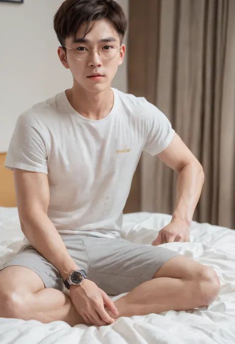 A 25-year-old Chinese male，真实感，Film photography，Portrait Photogram，whitestocking，Physical Education Student，Handsome，Chinese boy，inside bedroom，Sit on the sheets，((Back to the head of the bed))，Beige short T-shirt，Gray short sweatpants，Gold-rimmed glasses，...