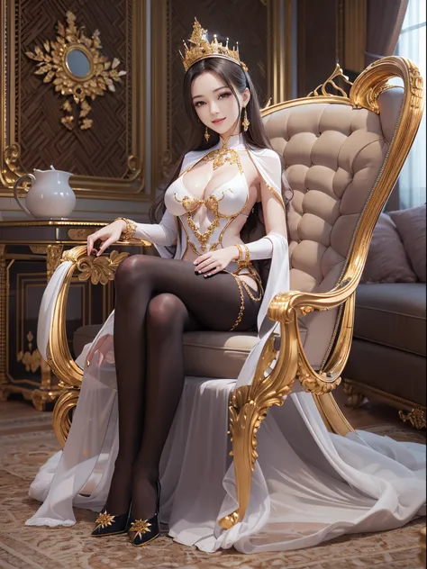 ((Sexy Queen))8K、An ultra-high picture quality、Ultra-realistic details、masutepiece、3d rendered、Golden decoration、(The chest is wide open:0.8)、(Skin revealing:1.2)、Sit in a plush chair、Crystal clear white skin、Slender and beautiful body line、large udder、Smi...