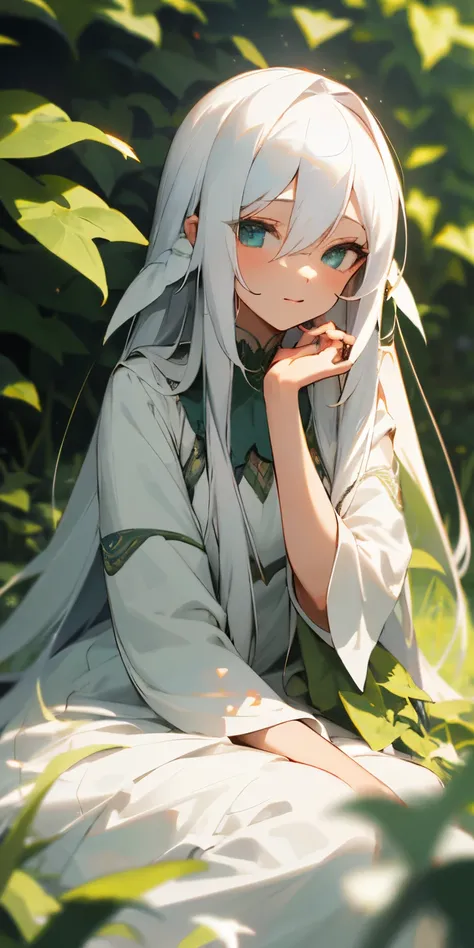 (masterpiece, best quality),1girl with long white hair sitting in a field of green plants and flowers, her hand under her chin, warm lighting, white dress, blurry foreground