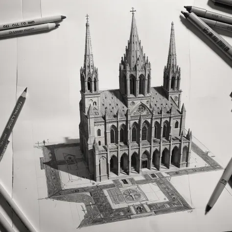 old drawing of an ancient cathedral very detailed with an ancient appearance made in pencil seen from above diagonally with small details of shadows of a cathedral on a white sheet centered without any hands