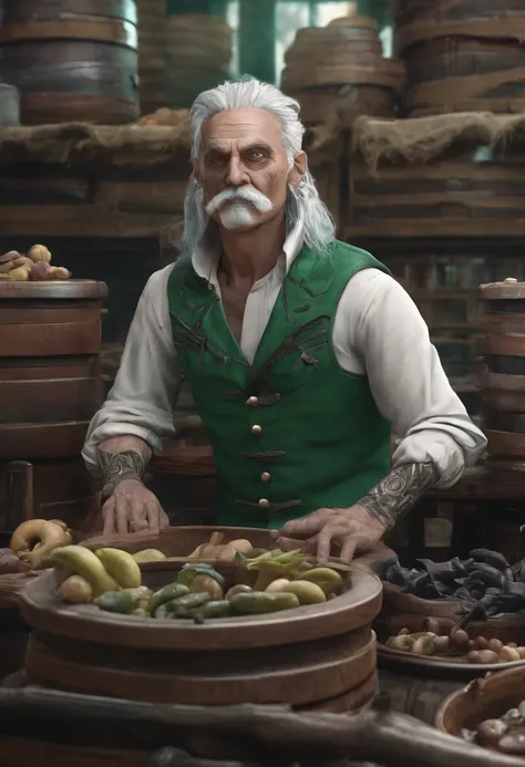 male food merchant, beautiful eyes, green shirt with white sleeves, green pants, gray hair, gray mustache, next to a wooden cart, next to wooden barrels and boxes, far behind is a magical forest, fantasy, Middle Ages, artstation, hdr, intricate details, ci...