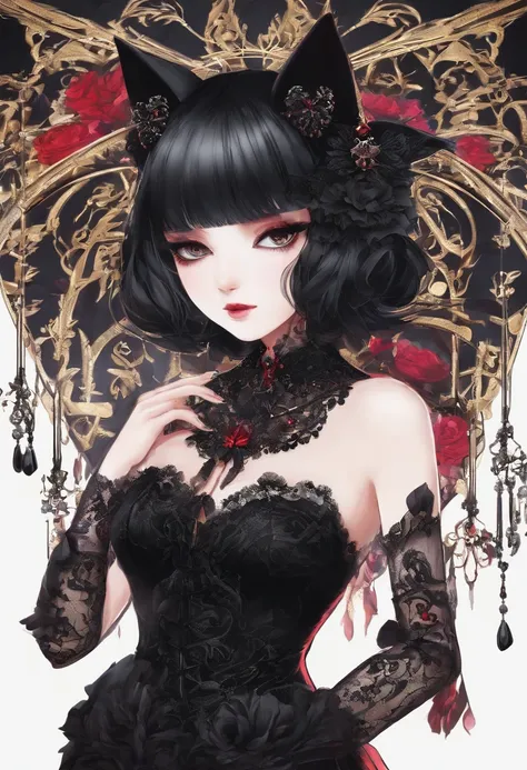 Black cat motif、Black and red tones、Vibrant colors、((​masterpiece)))、(((top-quality)))、((ultra-detailliert))、(A hyper-realistic)、(highly detailed CGillustration）、Official art、Lisbon in the first half of the 20th century、Decadent、Madame Cat Black、Masquerade...