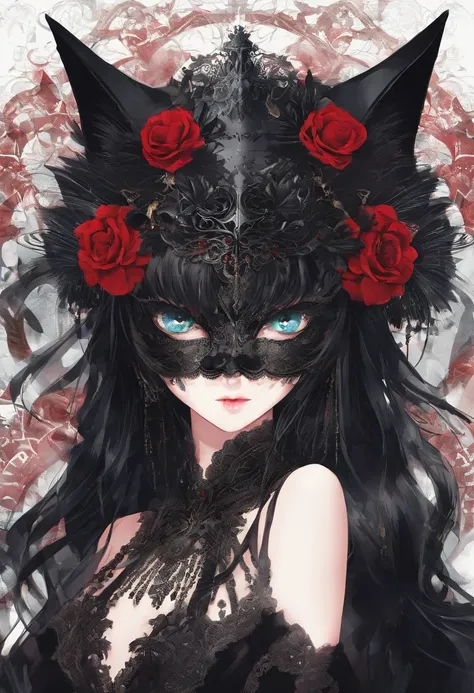 Black cat motif、Black and red tones、Vibrant colors、((​masterpiece)))、(((top-quality)))、((ultra-detailliert))、(A hyper-realistic)、(highly detailed CGillustration）、Official art、Lisbon in the first half of the 20th century、Decadent、Madame Cat Black、Masquerade...