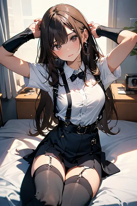 ​masterpiece、flat-colors、depth of fields、lens flare 1 girl、、Brown hair、watching at viewers　　　black suspenders　　　Bulging big breasts　　 　 　　　walls: 　Black miniskirt　garters　　　　　　Gaze　　　Small face　bangss 　　　holster　　Belt Armament　Beautuful Women　srestrained　h...