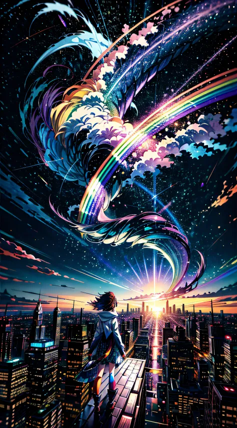 ((Rainbow Giant Shooting Star))、Anime girl looking at big city landscape,Near Future City、 makoto shinkai cyril rolando, anime art wallpaper 4k, anime art wallpaper 4k, Anime art wallpaper 8k, inspired by Cyril Rolando, in the style dan mumford artwork, am...