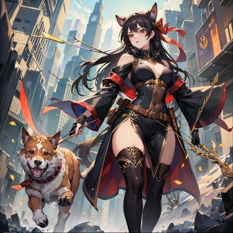 ((Masterpiece)),(超A high resolution),(ultra-detailliert),Anime at its best,Fantasyart,((1 female hunter),((Hold your bow and arrow with your prey in mind)), (A fearless hound following your feet)