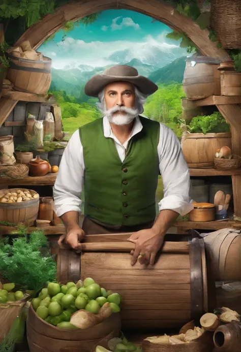 male food merchant, beautiful eyes, green shirt with white sleeves, green pants, gray hair, gray mustache, next to a wooden cart, next to wooden barrels and boxes, far behind is a magical forest, fantasy, Middle Ages, artstation, hdr, intricate details, ci...