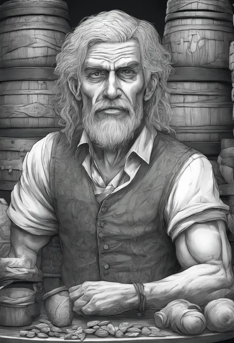 male food merchant, beautiful eyes, green shirt with white sleeves, green pants, gray hair, gray mustache, next to a wooden cart, next to wooden barrels and boxes, far behind is a magical forest, fantasy, Middle Ages, artstation, hdr, intricate details, ci...