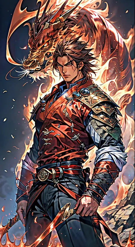 a young man, deep blue short hair, dense and voluminous spiky hairstyle, two long hair bangs, an arrogant demeanor, a fierce gaze, brown skin, simple solid-colored traditional Chinese clothing, a red belt, flowing hem, red wrist guards, coarse cloth trouse...