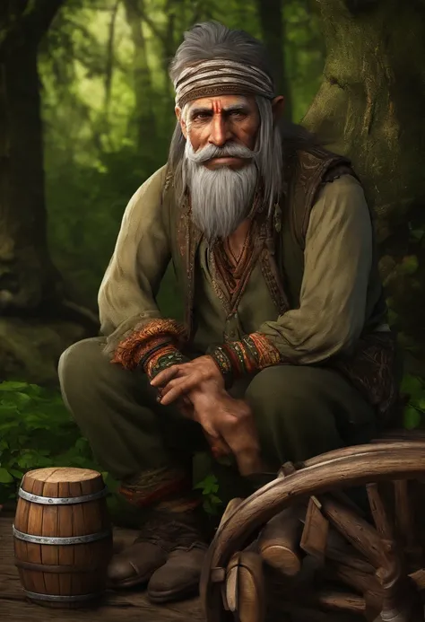 male food merchant, beautiful eyes, green shirt with white sleeves, green pants, gray hair, gray mustache, next to a wooden cart, next to wooden barrels and boxes, far behind is a magical forest, fantasy, Middle Ages, artstation, hdr, intricate details, ci...