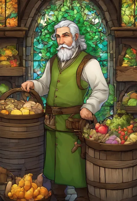 male food merchant, beautiful eyes, green shirt with white sleeves, green pants, gray hair, gray mustache, next to a wooden cart, next to wooden barrels and boxes, far behind is a magical forest, fantasy, Middle Ages, artstation, hdr, intricate details, ci...