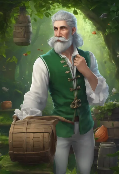 male food merchant, beautiful eyes, green shirt with white sleeves, green pants, gray hair, gray mustache, next to a wooden cart, next to wooden barrels and boxes, far behind is a magical forest, fantasy, Middle Ages, artstation, hdr, intricate details, ci...