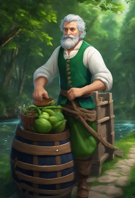 male food merchant, beautiful eyes, green shirt with white sleeves, green pants, gray hair, gray mustache, next to a wooden cart, next to wooden barrels and boxes, far behind is a magical forest, fantasy, Middle Ages, artstation, hdr, intricate details, ci...