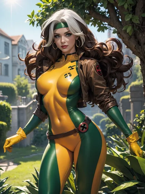 (masterpiece:1.0), (best_quality:1.2), Classic Rogue, 1991 Rogue X-Men, 1 girl, Only, full body view, medium length hair, brown hair, wavy hair, messy hair, one lock of white hair, headband, green eyes, mischievous look, smirking, parted lips, curvy figure...