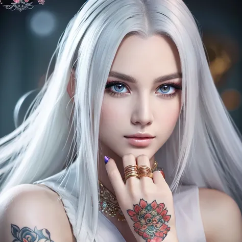 Photorealistic, High resolution, 1 woman, Full body, Beautiful eyes, Long hair, Ringed Eyes, White hair, Jewelry, The tattoo, Hanfu, chinese fairy