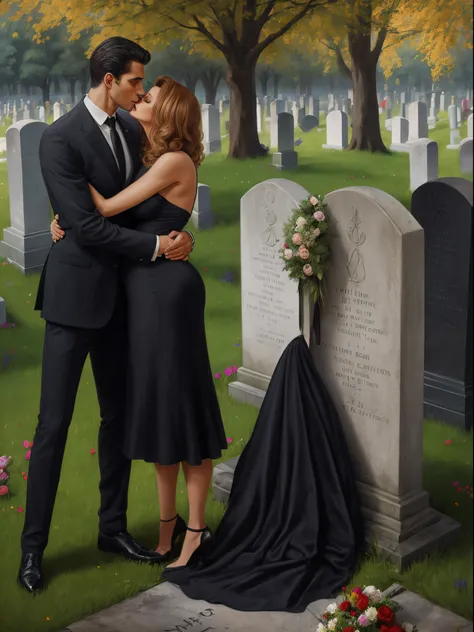 Sophia Loren as A buxom,  60 years old widow wearing a black dress and a  young handsome coach man wearing breeches hugging and making out at a grave in a cemetery , painting by Adolphe Menzel