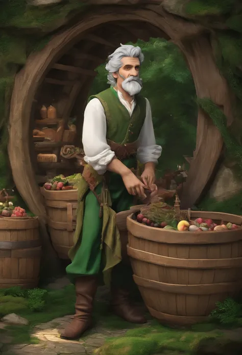 male food merchant, beautiful eyes, green shirt with white sleeves, green pants, gray hair, gray mustache, next to a wooden cart, next to wooden barrels and boxes, far behind is a magical forest, fantasy, Middle Ages, artstation, hdr, intricate details, ci...