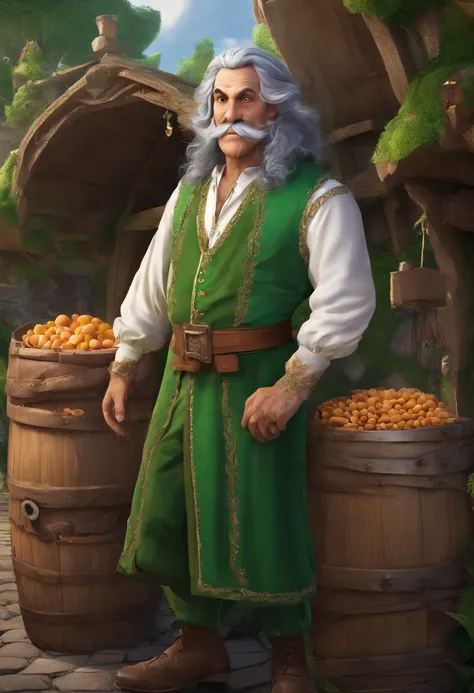 male food merchant, beautiful eyes, green shirt with white sleeves, green pants, gray hair, gray mustache, next to a wooden cart, next to wooden barrels and boxes, far behind is a magical forest, fantasy, Middle Ages, artstation, hdr, intricate details, ci...