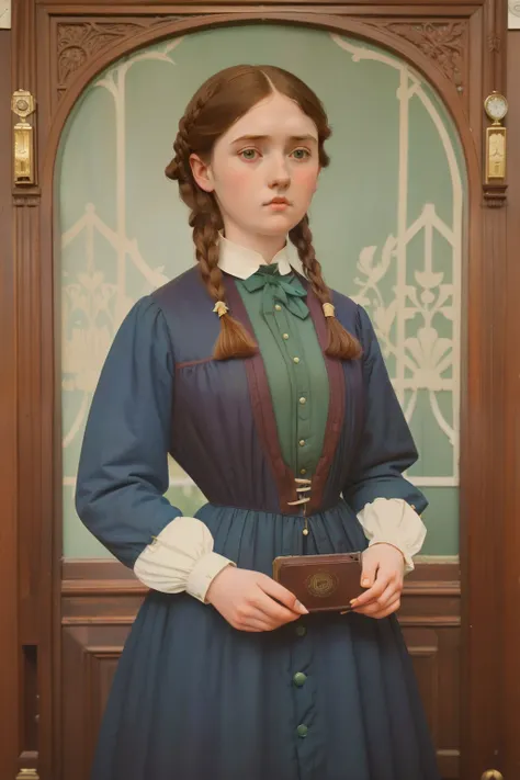 1888, England. Pre-raphaelite ((((16-year-old)) Gemma Doyle)), boarding school, ((((casual Clothing from the 1880s)))), ((Hairstyle of the 1880s)), ((Wes Anderson cinematic style)), colorful