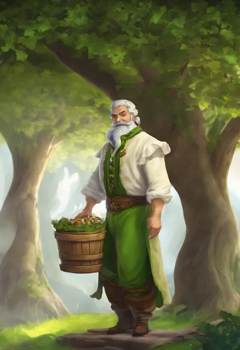 male food merchant, beautiful eyes, green shirt with white sleeves, green pants, gray hair, gray mustache, next to a wooden cart, next to wooden barrels and boxes, far behind is a magical forest, fantasy, Middle Ages, artstation, hdr, intricate details, ci...