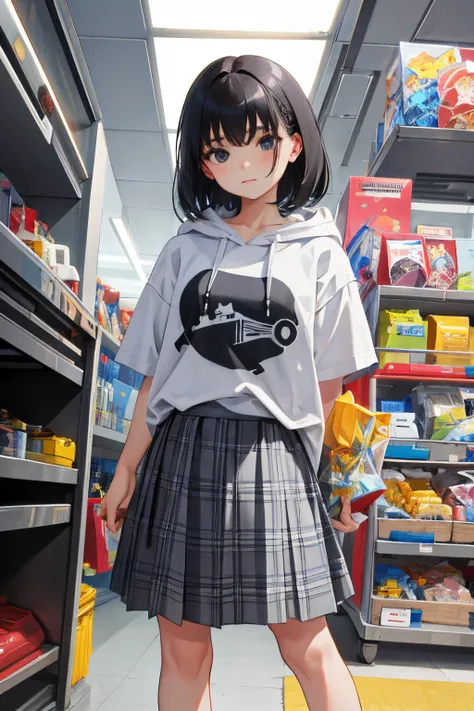 children，(​masterpiece，Highest Quality)，Short sleeve hoodie，Grey plaid skirt，A dark-haired