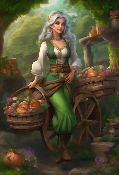 ember, food vendor, Beautiful eyes, green shirt with white sleeves, green pants, gray hair, Gray mustache, next to a wooden cart, next to wooden barrels and boxes, far behind is a magical forest, Fantasy, Middle Ages, Artstation, HDR, intricate details, Ci...