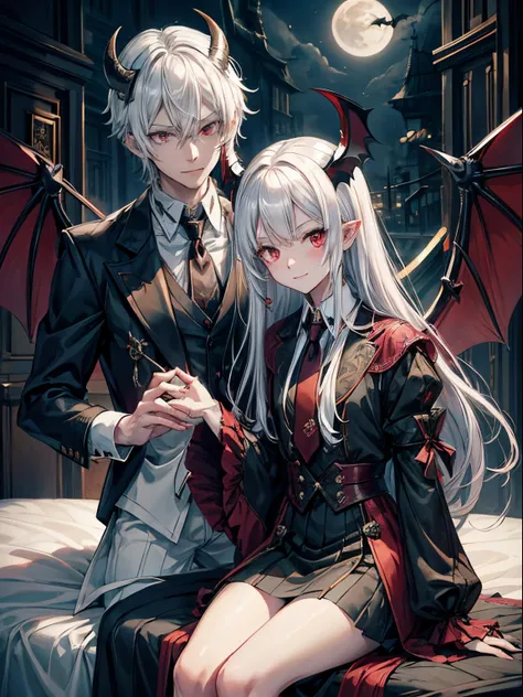 （masutepiece）（high-detail）incubus、male people、One、white  hair、red eyes、double tooth、suits、neck tie、Black horned、Black bat wings and tail、Sitting in bed、Hold out one hand、Mysterious smile、deep in the night、murky、Turn off the light