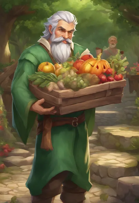 male food merchant, beautiful eyes, green shirt with white sleeves, green pants, gray hair, gray mustache, next to a wooden cart, next to wooden barrels and boxes, far behind is a magical forest, fantasy, Middle Ages, artstation, hdr, intricate details, ci...