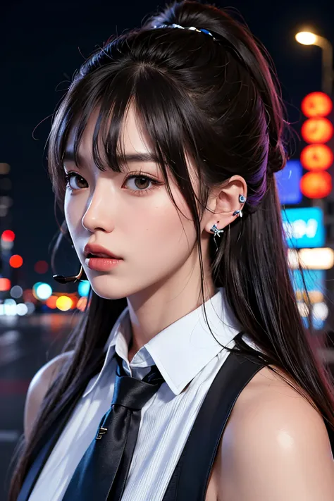 1man, half korean half rusian, Tokyo street,night, cityscape,city lights, upper body,close-up, 8k, RAW photo, best quality, masterpiece,realistic, photo-realistic,mullet x comma hair. ear piercing. smoking