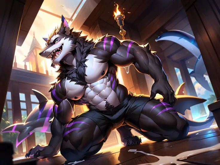 Beautiful detailed portrait showing male werewolf , Full body like，subtract, author：ross tran,ruanjia, A high resolution, photo-realism, 电影灯光,Muscle tissue，kneel，Vigorous， black-skinned，White belly，Hairy belly，Black  shorts，canineteeth, ssmile, Half-off sh...