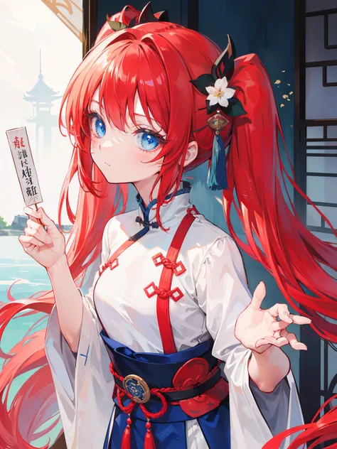 {{best quality}}, {{masterpiece}}, {{ultra-detailed}}, {illustration}, {detailed light}, red hair, blue eyes, twintails,solo,loli,Chinese style, ancient China,Hanfu