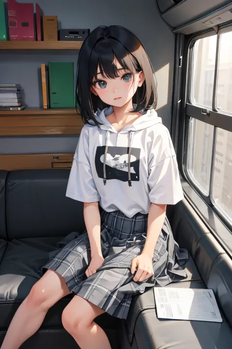 Children，(​masterpiece，Highest Quality)，Short sleeve hoodie，Grey plaid skirt，A dark-haired