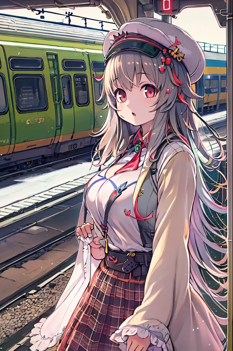 Anime Girl, Long hair, Beautiful clothes, 4K clarity, CG Station Pop, Station、railway、train, Seductive Girl, Attractive, Anime style, 8K, beautiful anime woman, Girl Front.