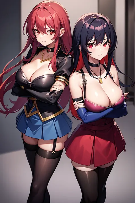 2girls,arms under breasts,black gloves,black thighhighs,blonde hair,blue gloves,blue skirt,breasts,card,choker,cleavage,closed mouth,crossed arms,duel academy uniform (yu-gi-oh! gx),elbow gloves,fingerless gloves,garter straps,gloves,holding,holding card,h...