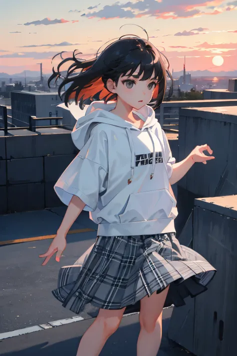 (child:1.2)，（​masterpiece，Highest Quality），Short sleeve hoodie，Grey plaid skirt，A dark-haired，The wind is blowing，On the rooftop