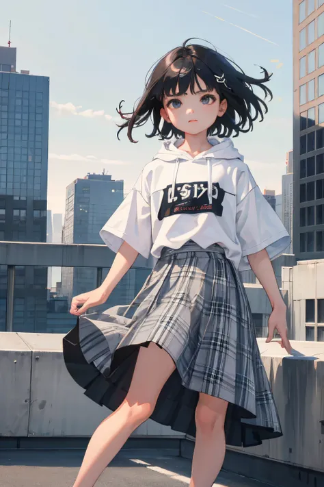 (child:1.2)，（​masterpiece，Highest Quality），Short sleeve hoodie，Grey plaid skirt，A dark-haired，The wind is blowing，On the rooftop