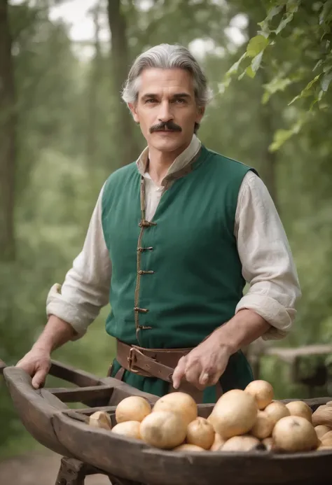 male food merchant, beautiful eyes, green shirt with white sleeves, green pants, gray hair, gray mustache, next to a wooden cart, next to wooden barrels and boxes, far behind is a magical forest, fantasy, Middle Ages, artstation, hdr, intricate details, ci...