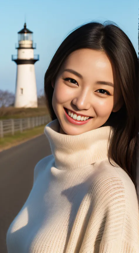 The face is a hostess、Turtleneck sweater、hiquality、A hyper-realistic、healthy、Smiling expression、Slender perfect figure、Japan beauties、beautidful eyes、face perfect、Beautiful skin、lighthouse、Mare