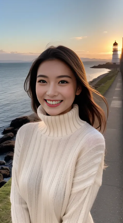 The face is a hostess、Turtleneck sweater、hiquality、A hyper-realistic、healthy、Smiling expression、Slender perfect figure、Japan beauties、beautidful eyes、face perfect、Beautiful skin、lighthouse、Mare