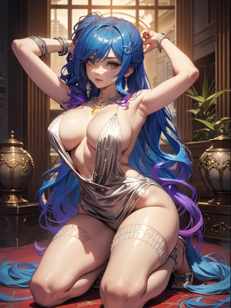 （Enrich the picture，Masterpiece quality）Beautiful 8K CG artwork，Goddess-like pose，kneeling exercises，Thin and soft，Translucent skin，Aqua blue hair、The beauty of super long hair, Super Long Straight Hair，The skin is fair and juicy，Big JK uniform，Perspective...