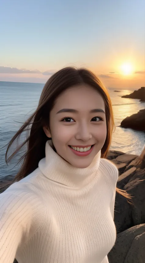 The face is a hostess、Turtleneck sweater、hiquality、A hyper-realistic、healthy、Smiling expression、Slender perfect figure、Japan beauties、beautidful eyes、face perfect、Beautiful skin、lighthouse、Mare