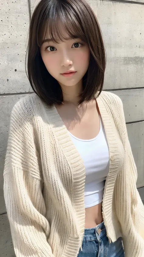 (top-quality、16K resolution)女の子1人、独奏、natural soft light、small tits、A Japanese Lady、Looking at the camera、white long sleeve knit cardigan、Concrete background、Facing the front、is standing、bobhair、Woman in her late teens、Light bangs、short-hair、Salon model、Nat...