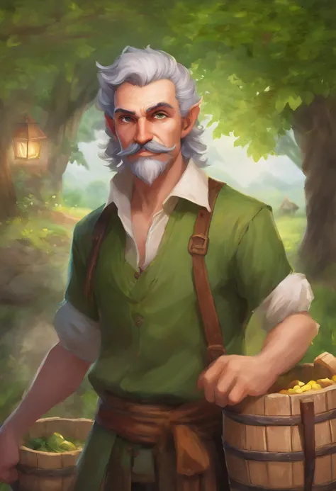 male food merchant, beautiful eyes, green shirt with white sleeves, green pants, gray hair, gray mustache, next to a wooden cart, next to wooden barrels and boxes, far behind is a magical forest, fantasy, Middle Ages, artstation, hdr, intricate details, ci...