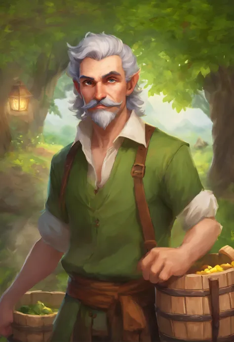 male food merchant, beautiful eyes, green shirt with white sleeves, green pants, gray hair, gray mustache, next to a wooden cart, next to wooden barrels and boxes, far behind is a magical forest, fantasy, Middle Ages, artstation, hdr, intricate details, ci...