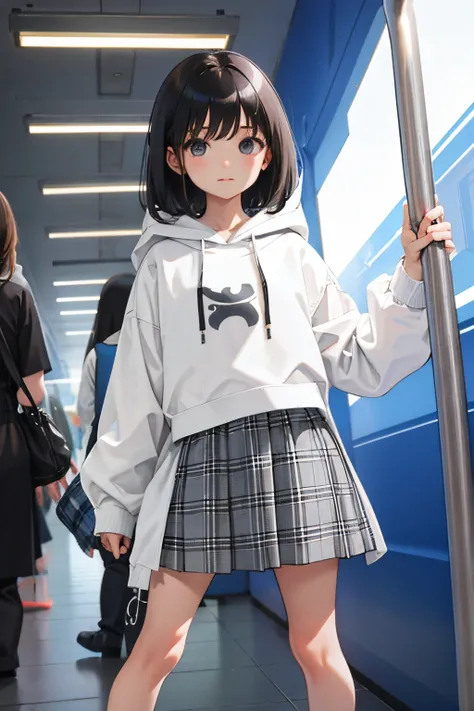 Children，(​masterpiece，Highest Quality)，White hoodie，Grey plaid skirt，A dark-haired，Train